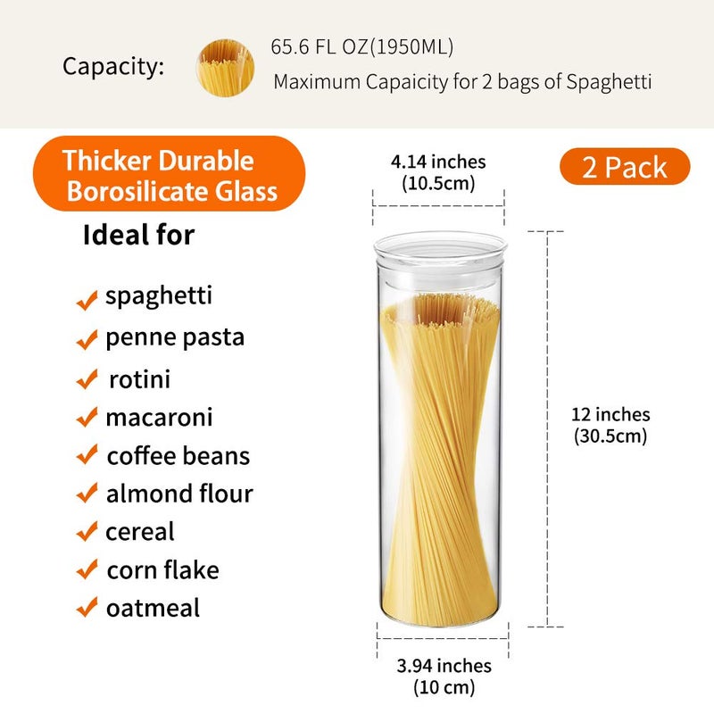 ZENS Glass Spaghetti Pasta Storage Container with Lids Set of 2, 65oz Tall Clear Airtight Food Storage Jar Canisters for Kitchen Pantry Noodles Flour Cereal Coffee Beans - Image 3